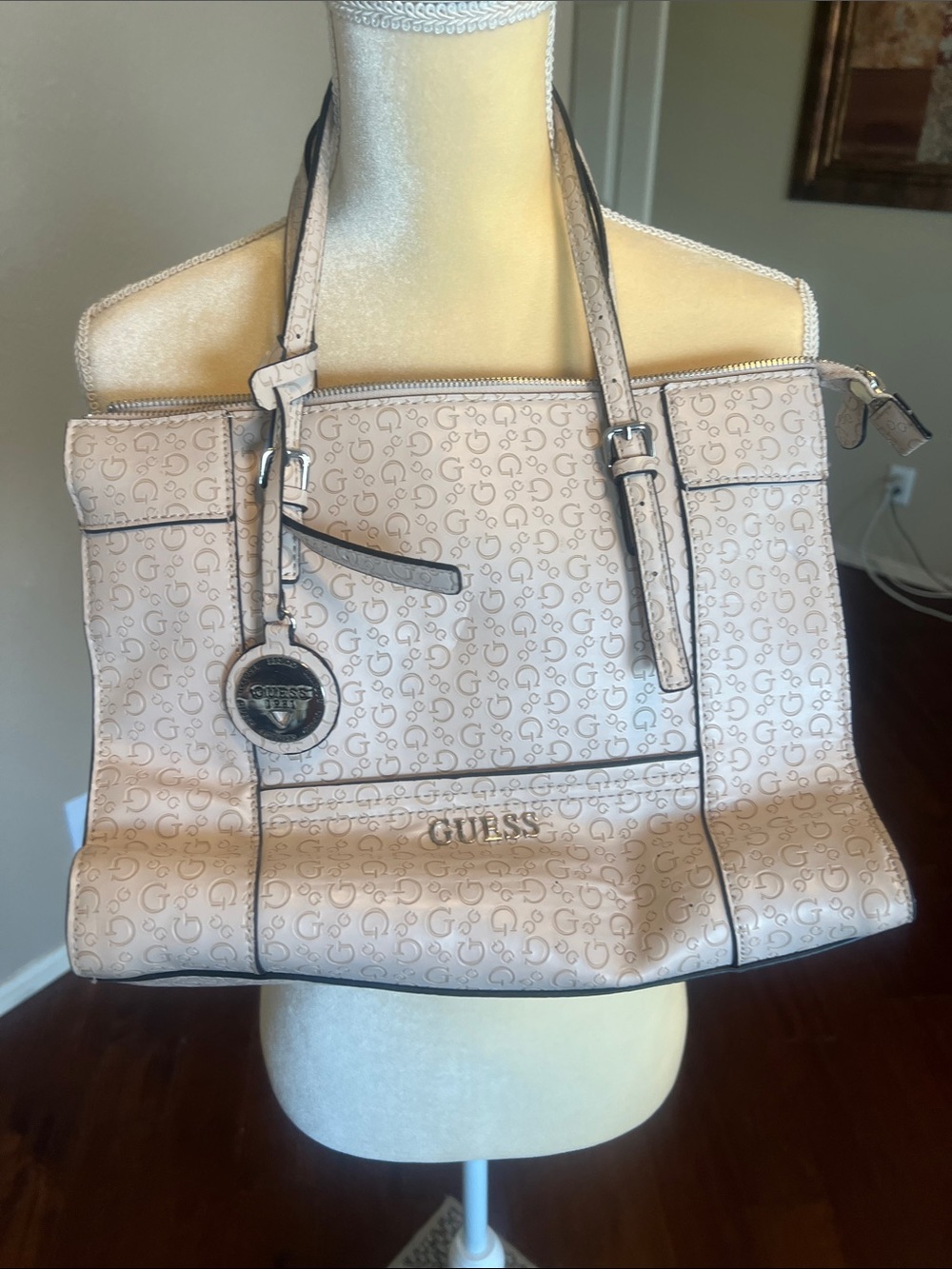 GUESS Pale Pink Signature Logo Tote with Silver Charm